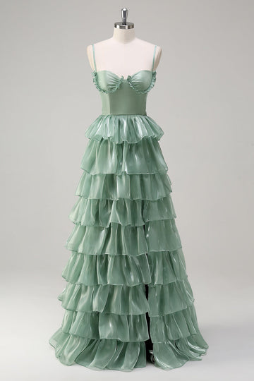 Dusty Sage A Line Spaghetti Stropper Ruffled Lang Brudepike Kjole Splitt